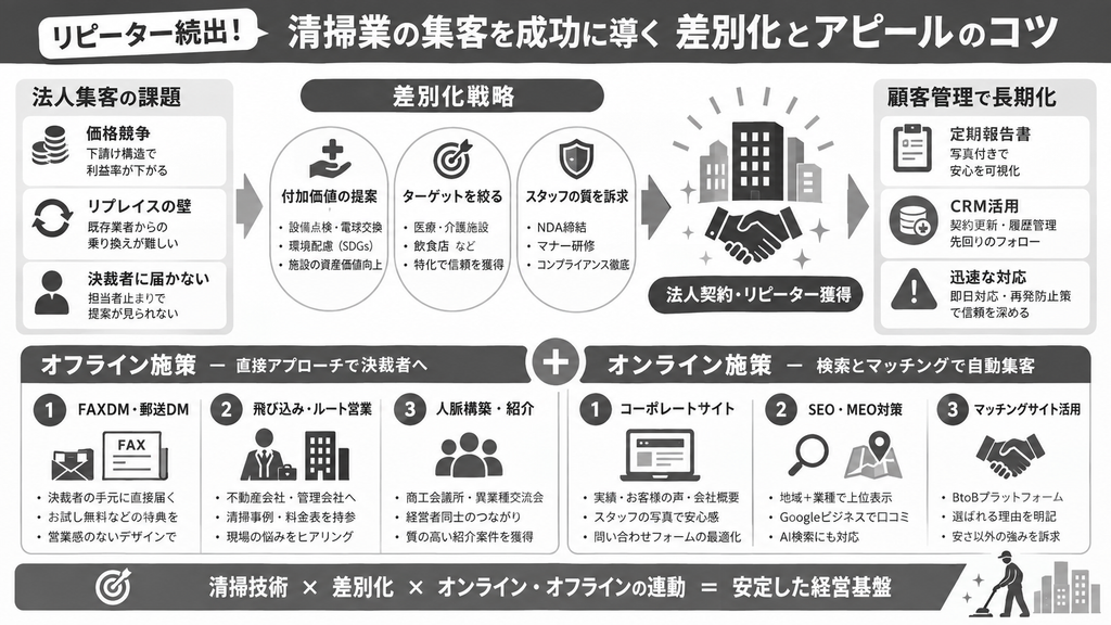 リピーター続出!清掃業の集客を成功に導く差別化とアピールのコツ