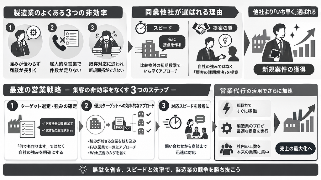 製造業が同業他社より「いち早く」選ばれるには?集客の非効率をなくす最速の営業戦略