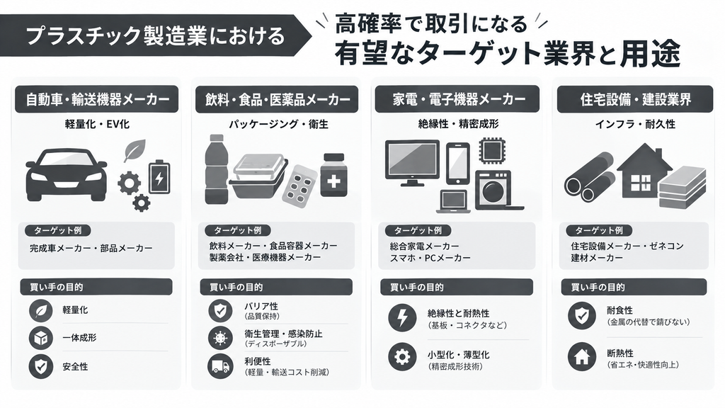 プラスチック製造業における「高確率で取引になる」
有望なターゲット業界と用途