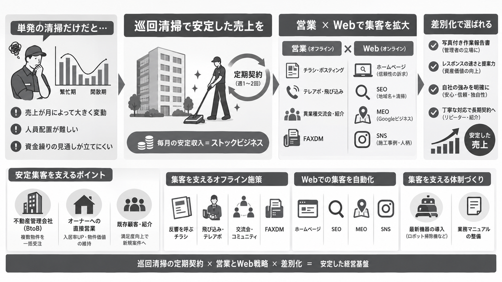 巡回清掃の集客にお悩みの方必見!安定した売上を作る営業・Web戦略