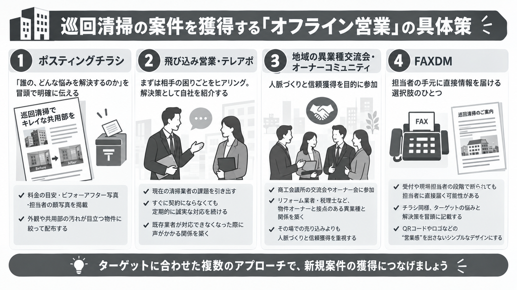 巡回清掃の案件を獲得する「オフライン営業」の具体策