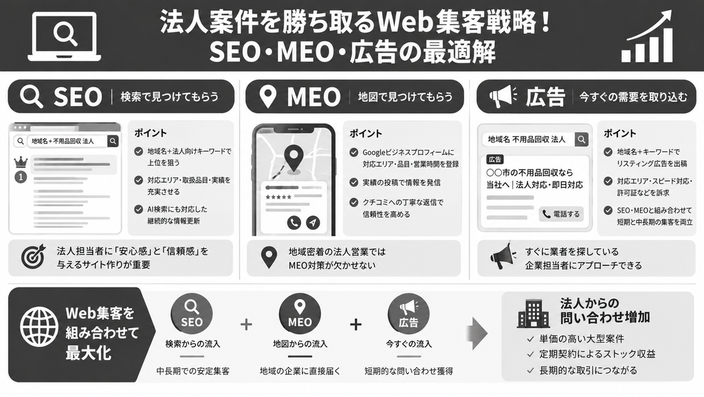 法人案件を勝ち取るWeb集客戦略!
SEO・MEO・広告の最適解