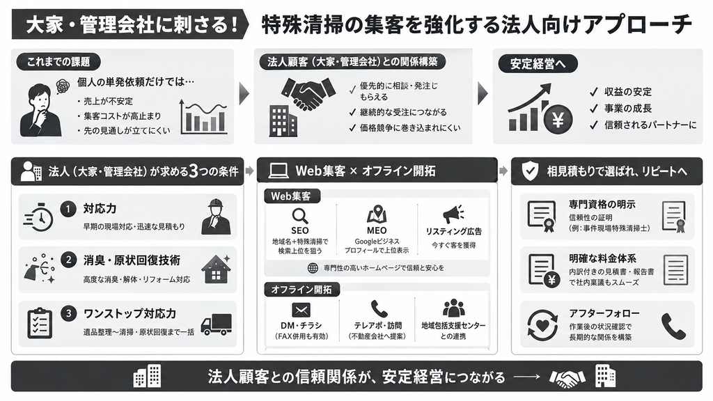 大家・管理会社に刺さる!特殊清掃の集客を強化する法人向けアプローチ
