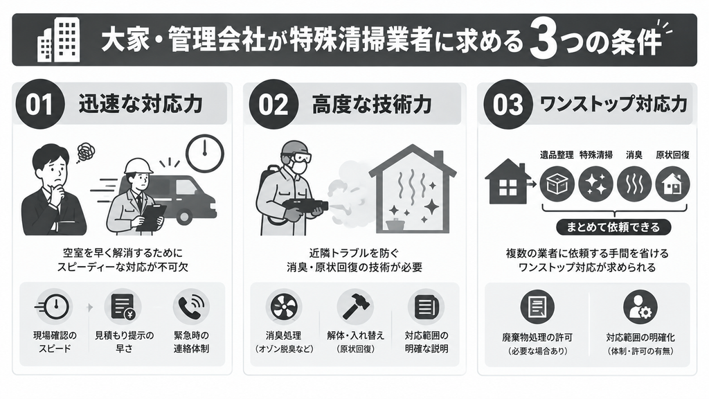 大家・管理会社が特殊清掃業者に求める3つの条件