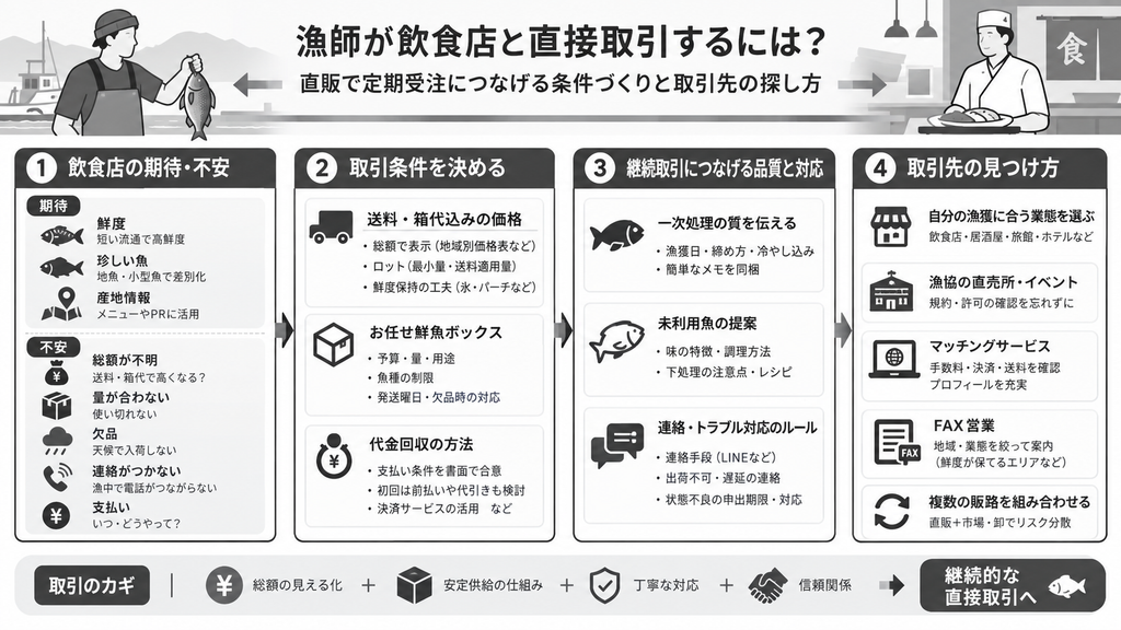 漁師が飲食店と直接取引するには?直販で定期受注につなげる条件づくりと取引先の探し方