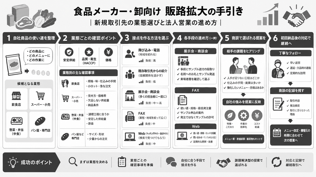 食品メーカー・卸向け販路拡大の手引き|新規取引先の業態選びと法人営業の進め方