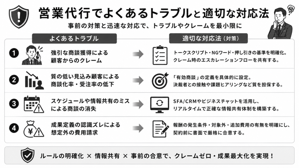 営業代行でよくあるトラブルと適切な対応方法について