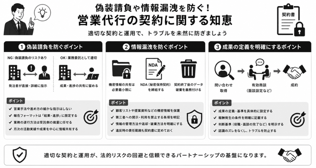 BtoB実務向け!偽装請負や情報漏洩を防ぐ営業代行の契約に関する知恵を紹介