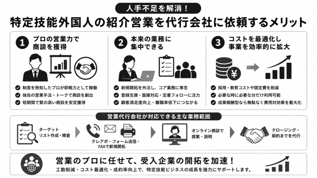 人手不足を解消!特定技能外国人の紹介営業を代行会社に依頼するメリットについて