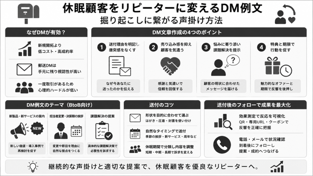 休眠顧客をリピーターに変えるDM例文|掘り起こしに繋がる声掛け方法