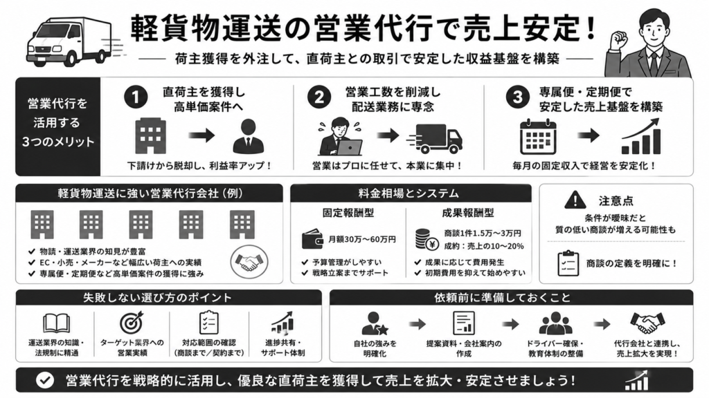 軽貨物運送を営業代行の利用で売上安定!荷主獲得を外注するコツとおすすめ会社