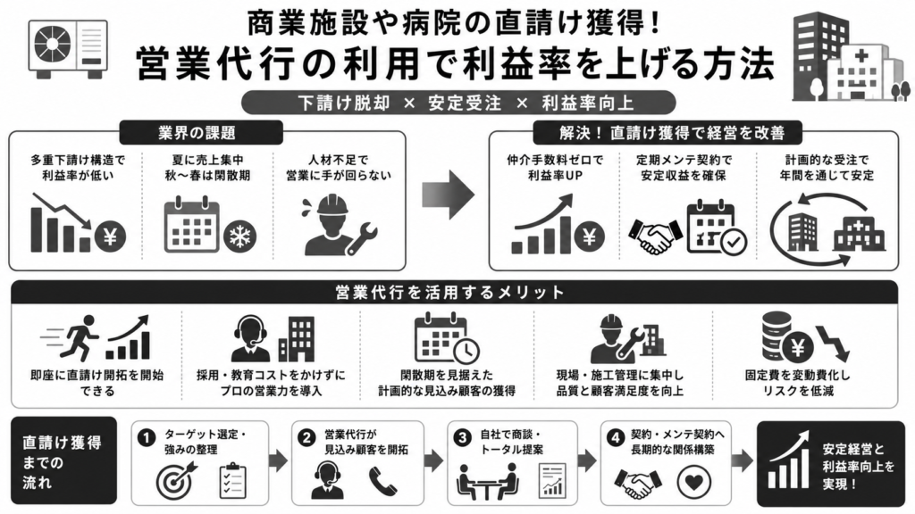 商業施設や病院の直請け獲得!空調設備業を営業代行の利用で利益率を上げる方法