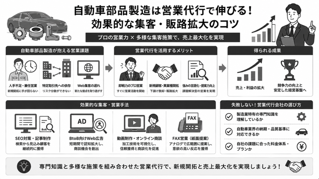 自動車部品製造は営業代行で伸びる!効果的な集客・販路拡大のコツ