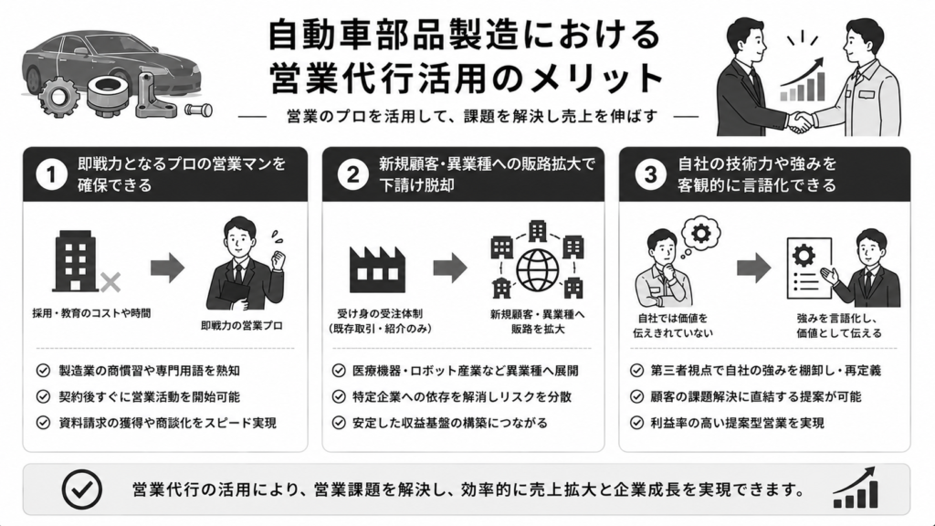 自動車部品製造における営業代行活用のメリット