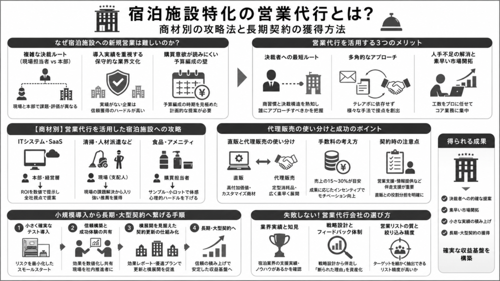 宿泊施設特化の営業代行とは？商材別の攻略法と長期契約の獲得方法