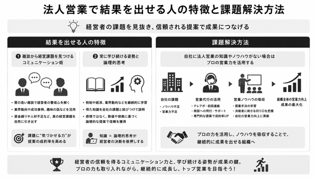 法人営業で結果を出せる人の特徴と課題解決方法