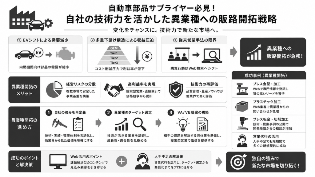 自動車部品サプライヤー必見！自社の技術力を活かした異業種への販路開拓戦略