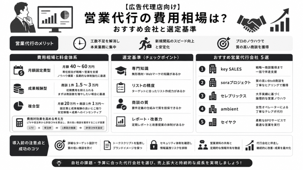 【広告代理店向け】営業代行の費用相場は？おすすめ会社と選定基準