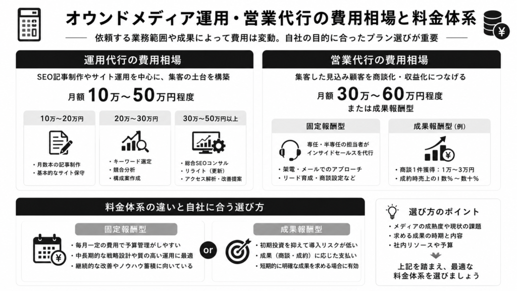 オウンドメディア運用・営業代行の費用相場と料金体系