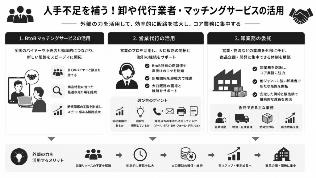 人手不足を補う!卸や代行業者・マッチングサービスの活用