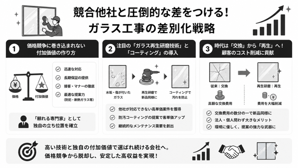 競合他社と圧倒的な差をつける！ガラス工事の差別化戦略
