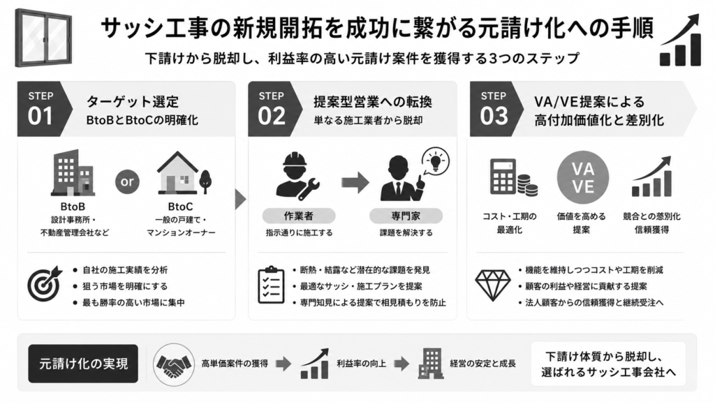 サッシ工事の新規開拓を成功に繋がる元請け化への手順