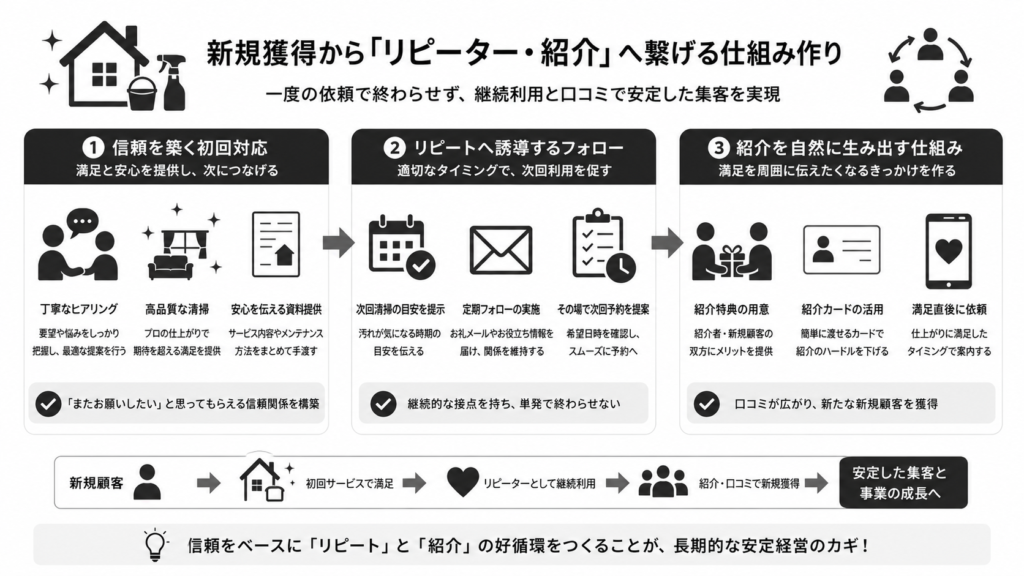 新規獲得から「リピーター・紹介」へ繋げる仕組み作り