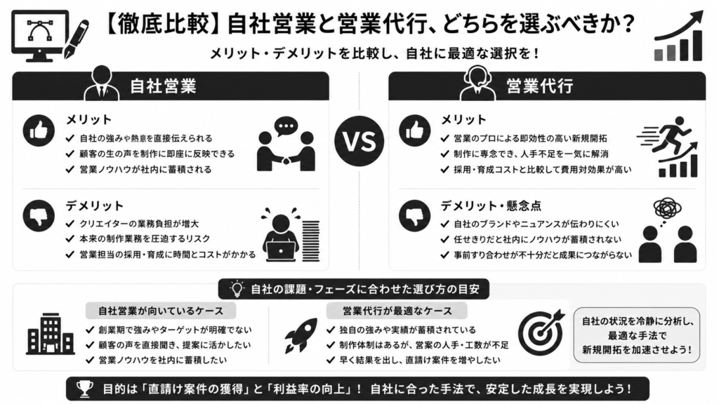 【徹底比較】自社営業と営業代行、どちらを選ぶべきか?
