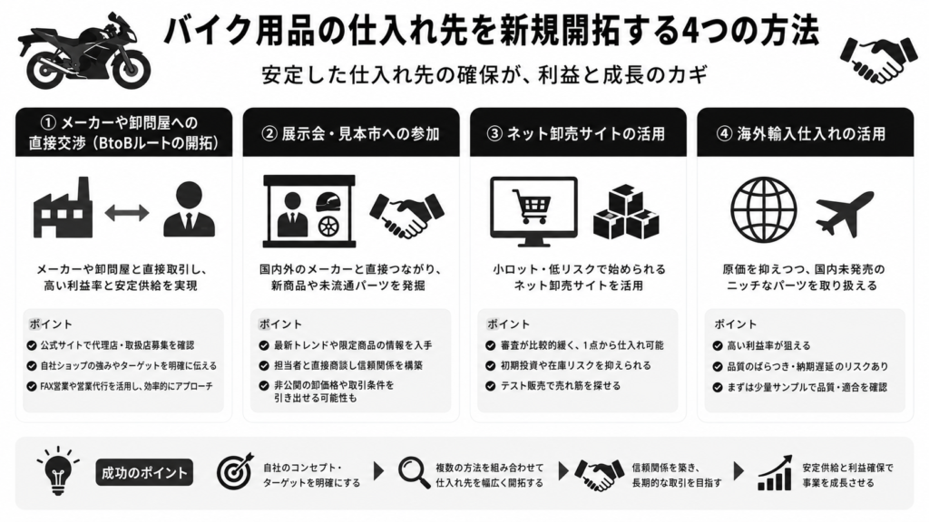 バイク用品の優良な仕入れ先を新規開拓する4つの方法