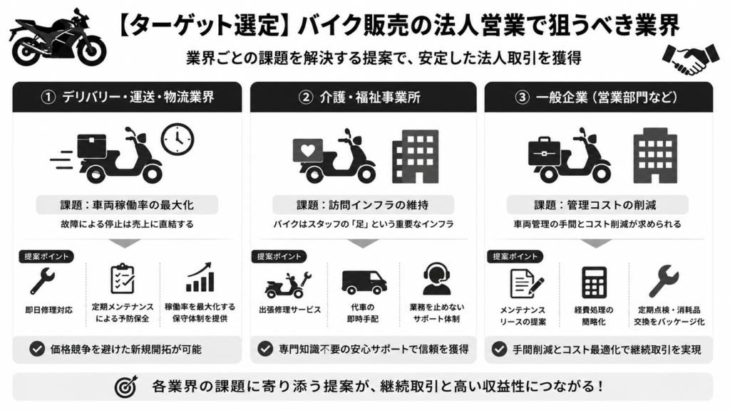 【ターゲット選定】バイク販売の法人営業で狙うべき業界