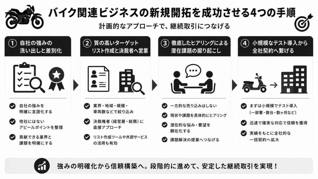 バイク関連ビジネスの新規開拓を成功させる4つの手順