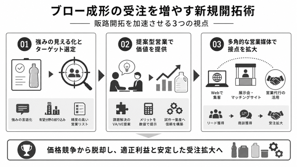 ブロー成形の受注を増やす新規開拓術!販路開拓を加速させる3つの視点