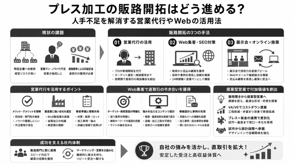 プレス加工の販路開拓はどう進める？人手不足を解消する営業代行やWebの活用法