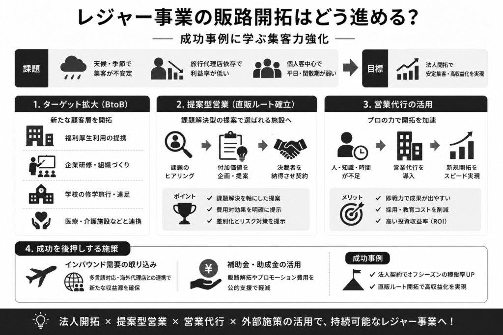 レジャー事業の販路開拓はどう進める?成功事例に学ぶ集客力強化