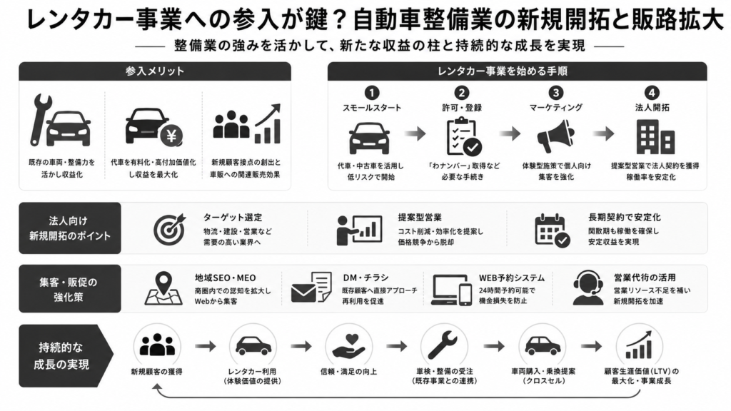 レンタカー事業への参入が鍵?自動車整備業の新規開拓と販路拡大方法について