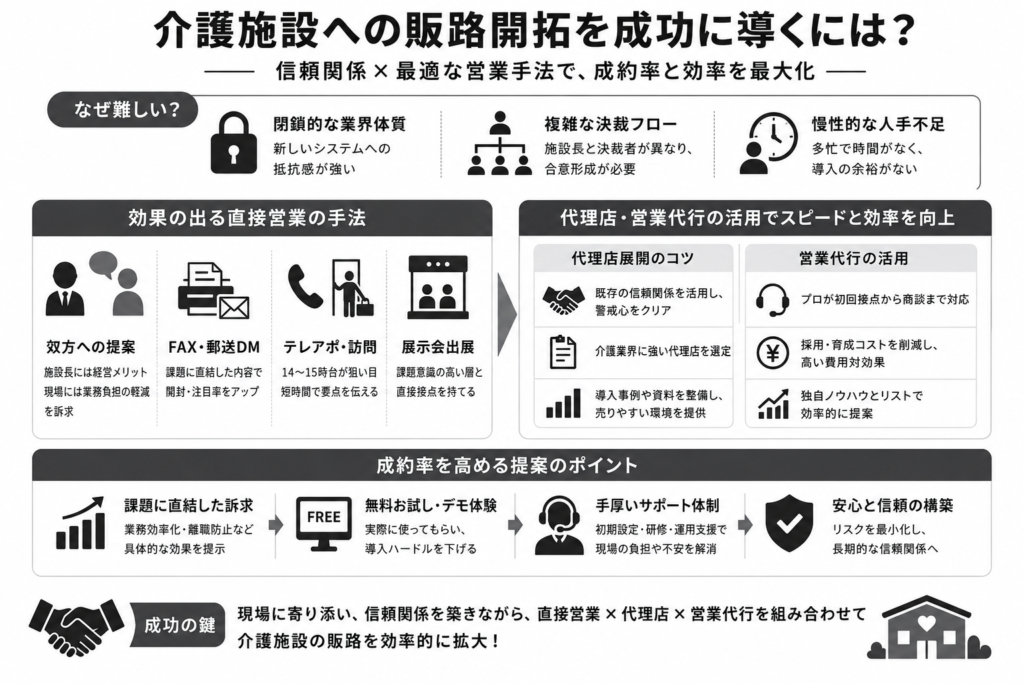 介護施設への販路開拓を成功に導くには?効果的な営業手法と代理店展開のコツ