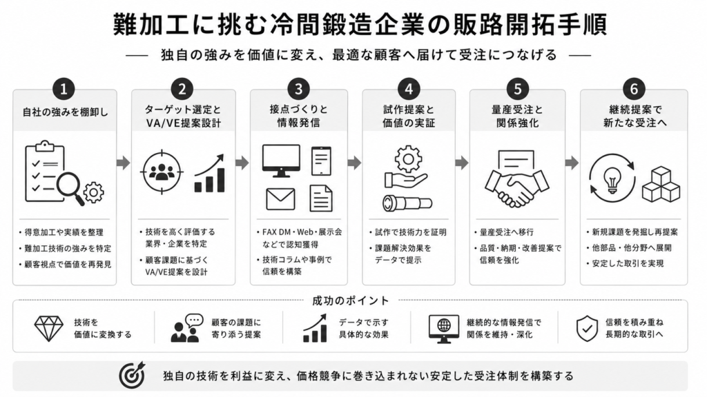 難加工に挑む冷間鍛造企業へ。独自の強みを活かした販路開拓の具体的な手順