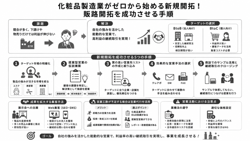 化粧品製造業がゼロから始める新規開拓!販路開拓を成功させる手順について