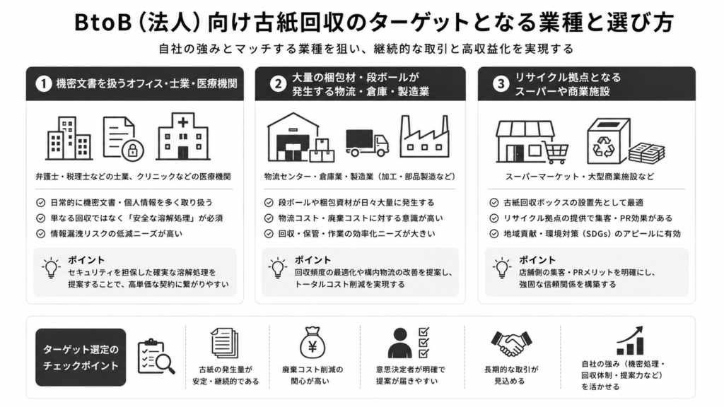 BtoB（法人）向け古紙回収のターゲットとなる業種と選び方