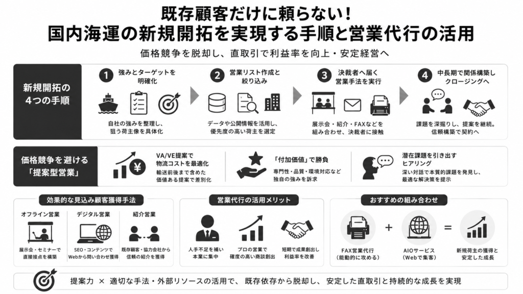 既存顧客だけに頼らない！国内海運の新規開拓の手順と営業代行の活用