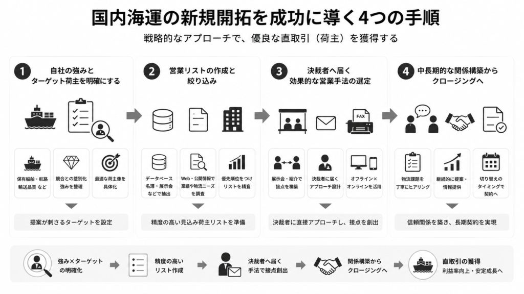 国内海運の新規開拓を成功に導く4つの手順