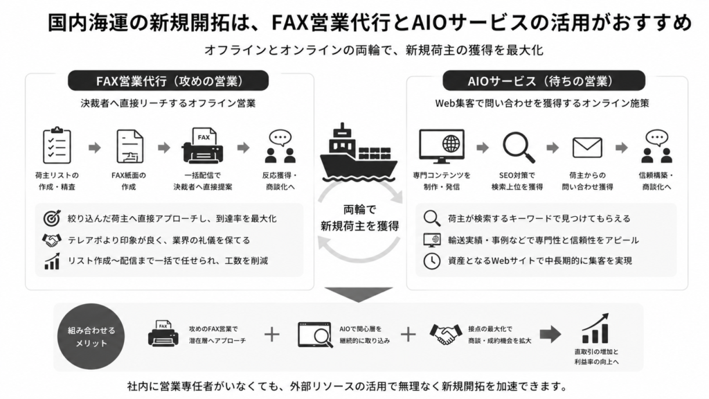 国内海運の新規開拓は、
FAX営業代行とAIOサービスの活用がおすすめ