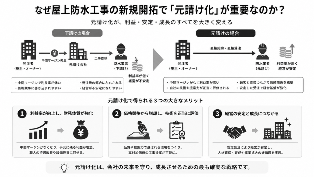なぜ屋上防水工事業の新規開拓において「元請け化」が重要なのか？