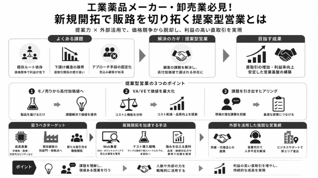 工業薬品メーカー・卸売業必見!新規開拓で販路を切り拓く提案型営業とは