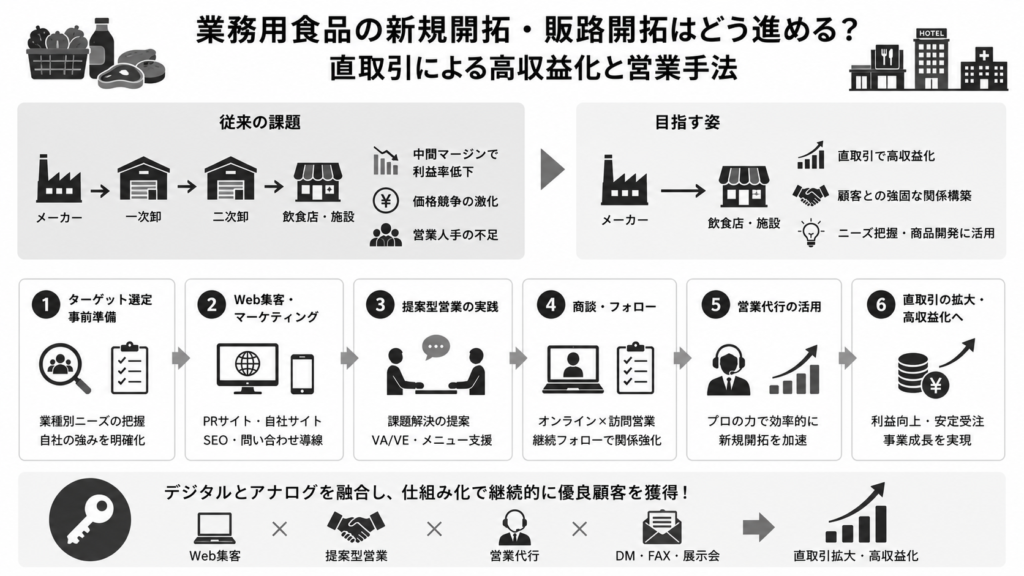 業務用食品の新規開拓・販路開拓はどう進める？直取引による高収益化と営業手法