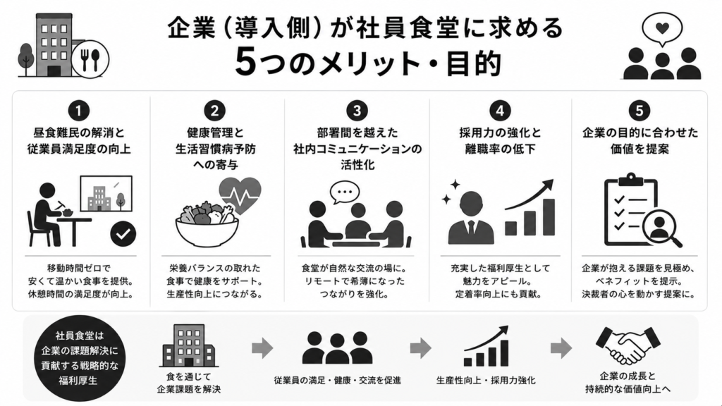 企業(導入側)が社員食堂に求める5つのメリット・目的