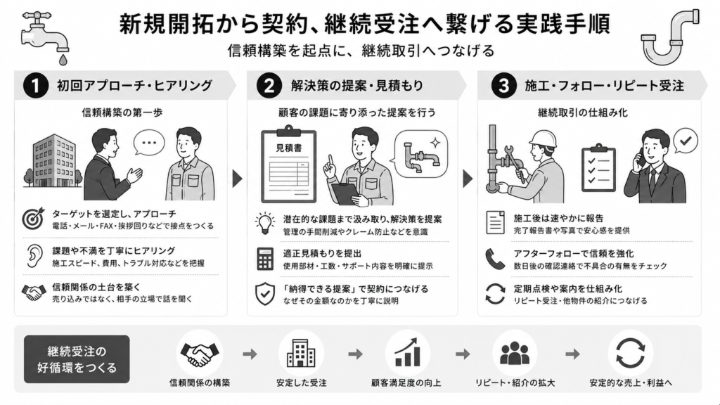 新規開拓から契約、継続受注へ繋げる実践手順について