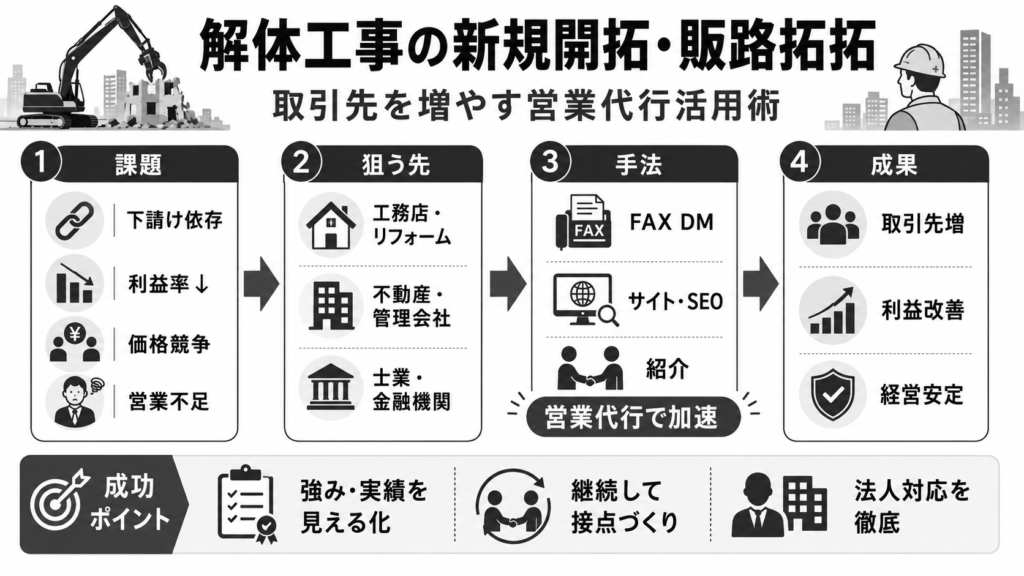 解体工事の新規開拓・販路開拓!取引先を増やす営業代行活用術