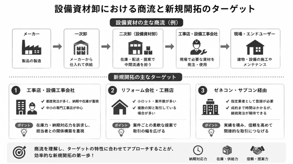 設備資材卸における商流と新規開拓のターゲット