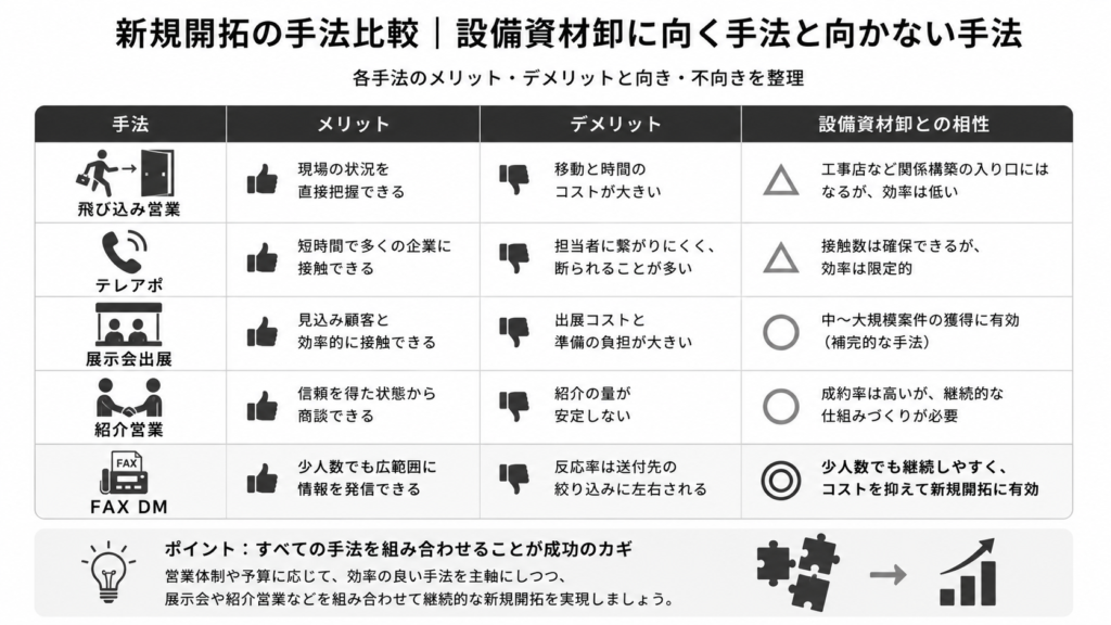 新規開拓の手法比較|設備資材卸に向く手法と向かない手法